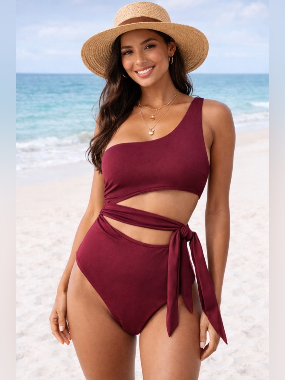 Vitality Tropica Asym One Piece Swimsuit Sangria Burgundy Small Cutout Tie
